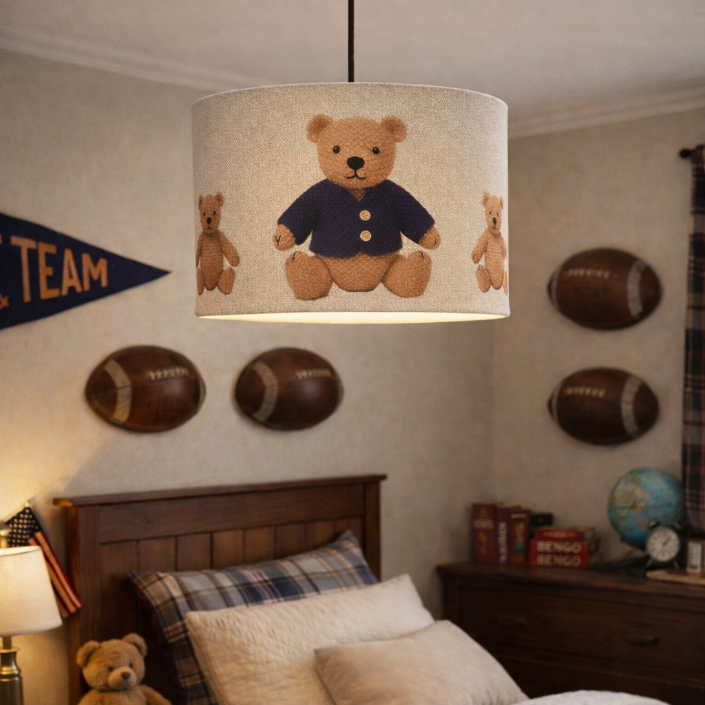 Children's room with teddy bear-themed lampshade, sports decor, and books.