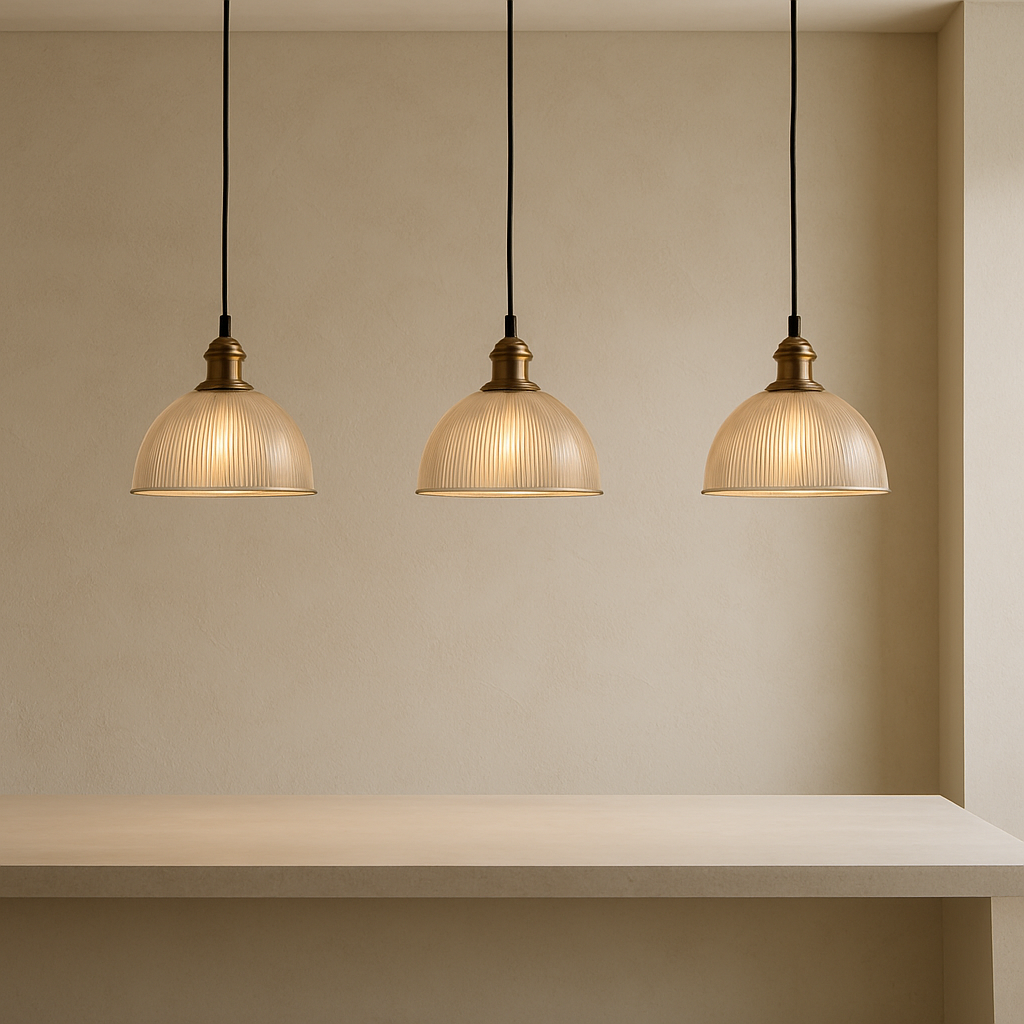 Three pendant lights with glass shades hanging above a white surface against a beige wall.