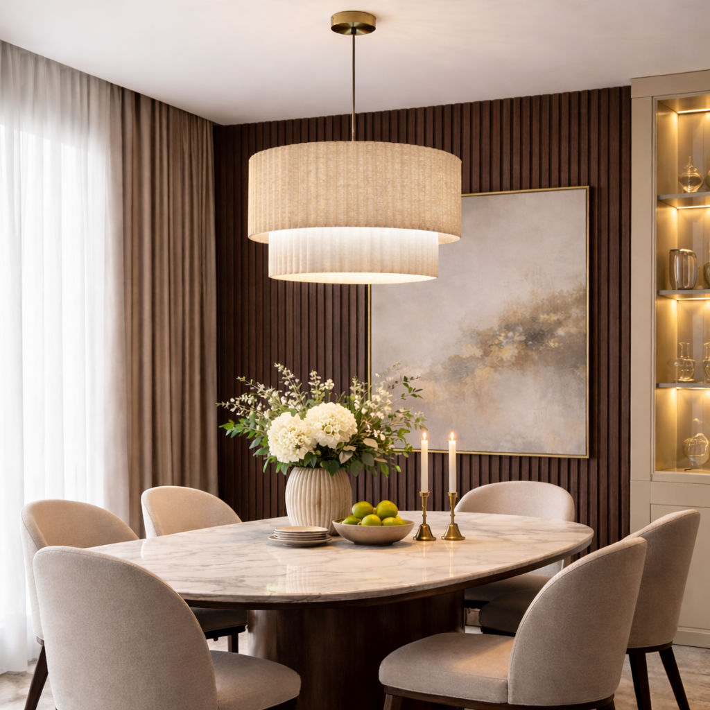 Modern dining room with round table, chairs, and decorative elements.