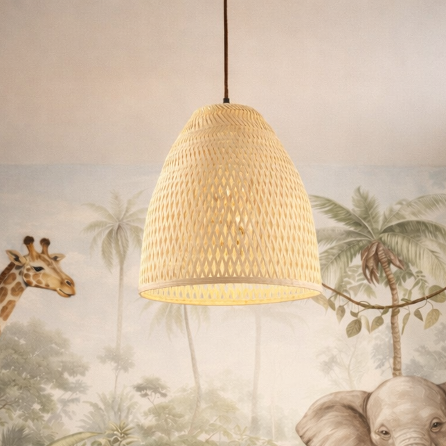Woven pendant light fixture with a jungle mural featuring animals and plants in the background.