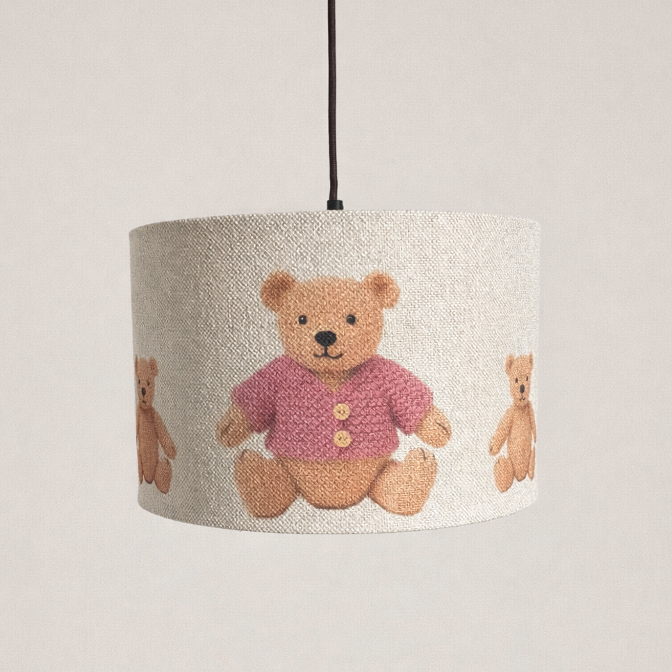 Lampshade with teddy bear pattern on a plain background