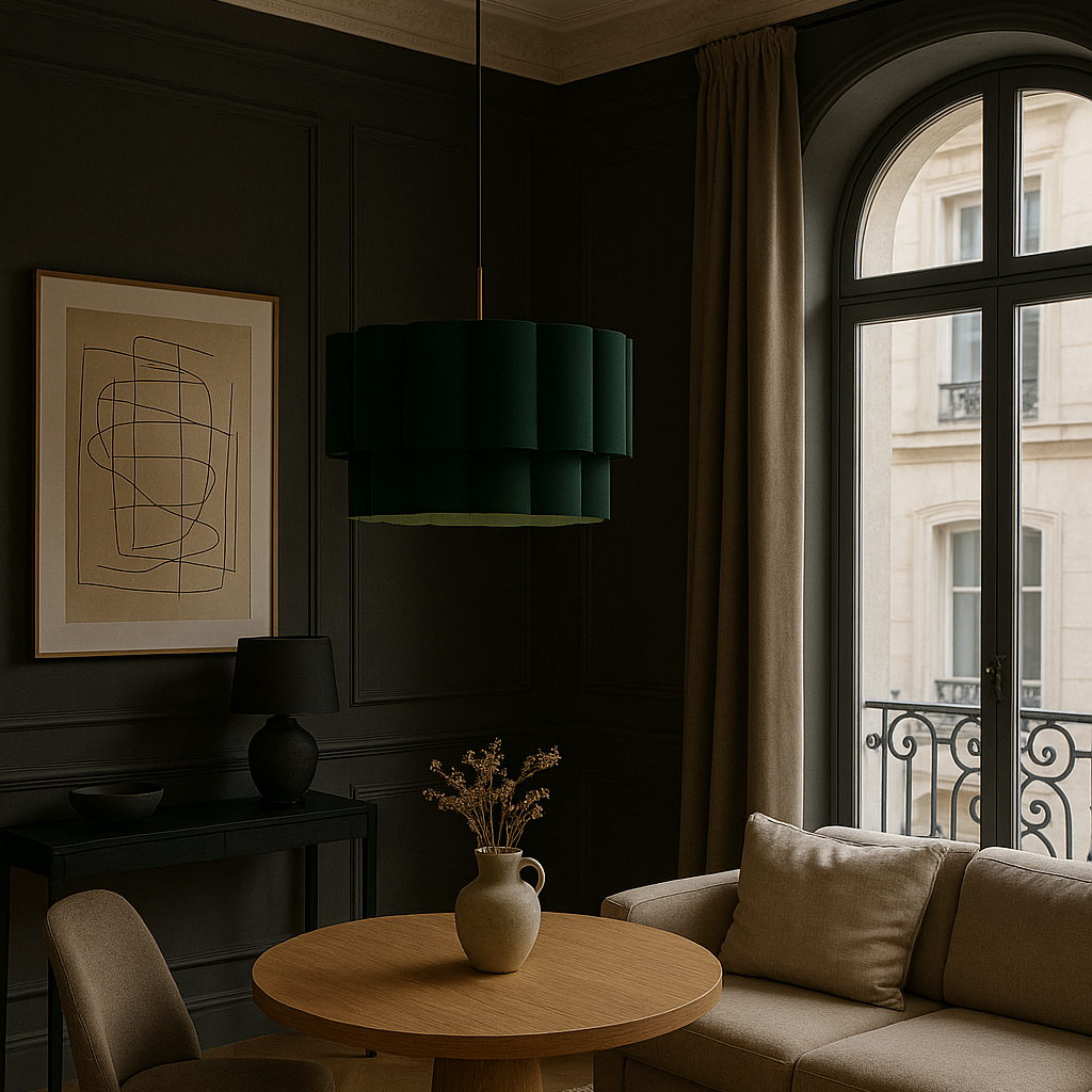 Modern living room with a beige sofa, round wooden table, and dark walls.