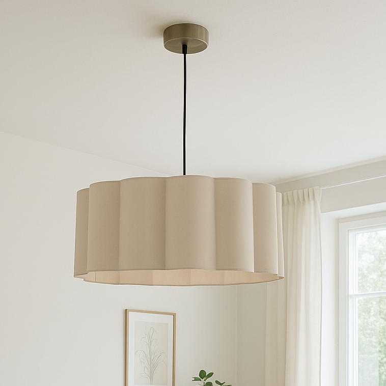 Modern living room with beige sofa, wooden coffee table, and chair, and pendant light.