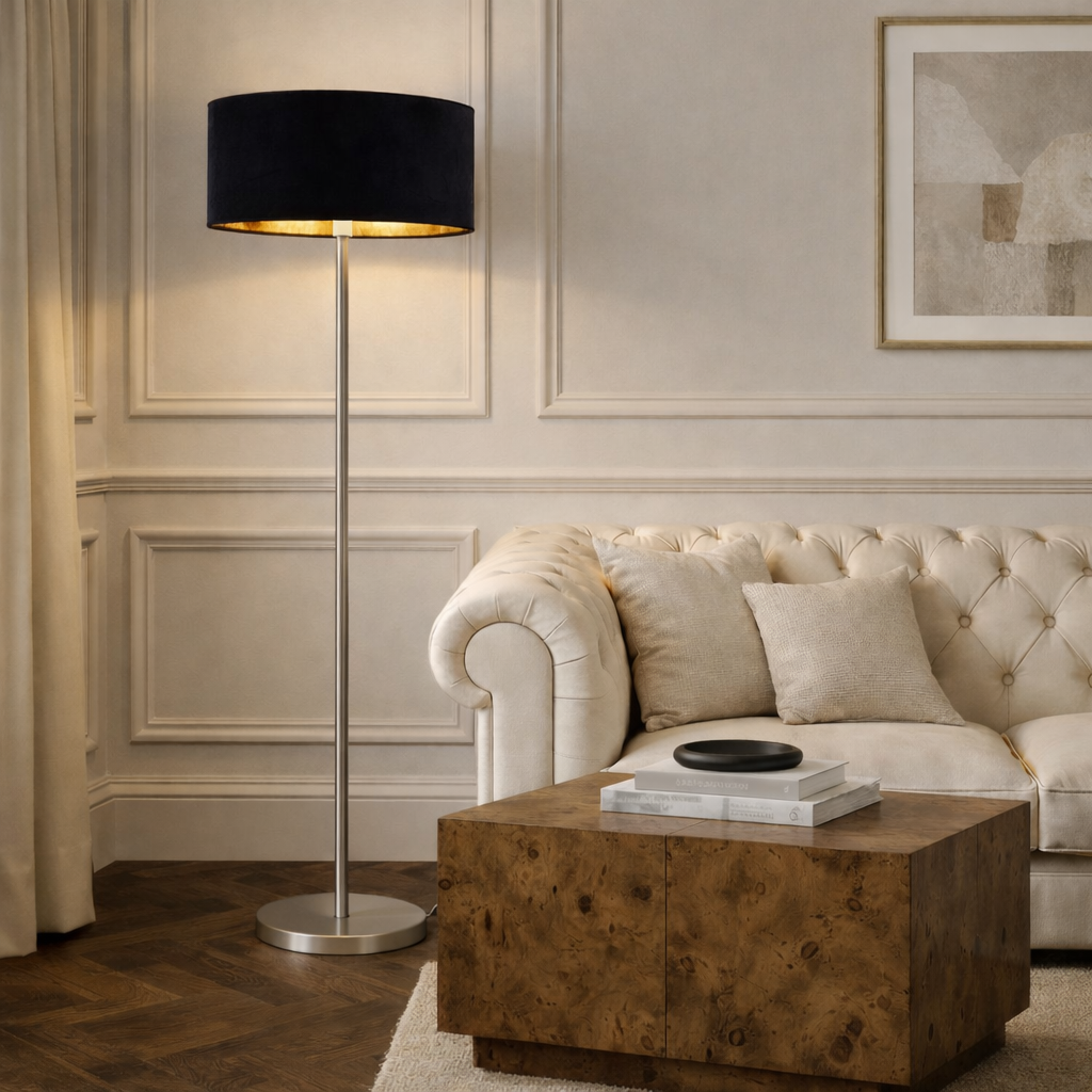 CGC Lena Brushed Nickel Straight Floor Lamp with 45cm Large Velvet Lampshade