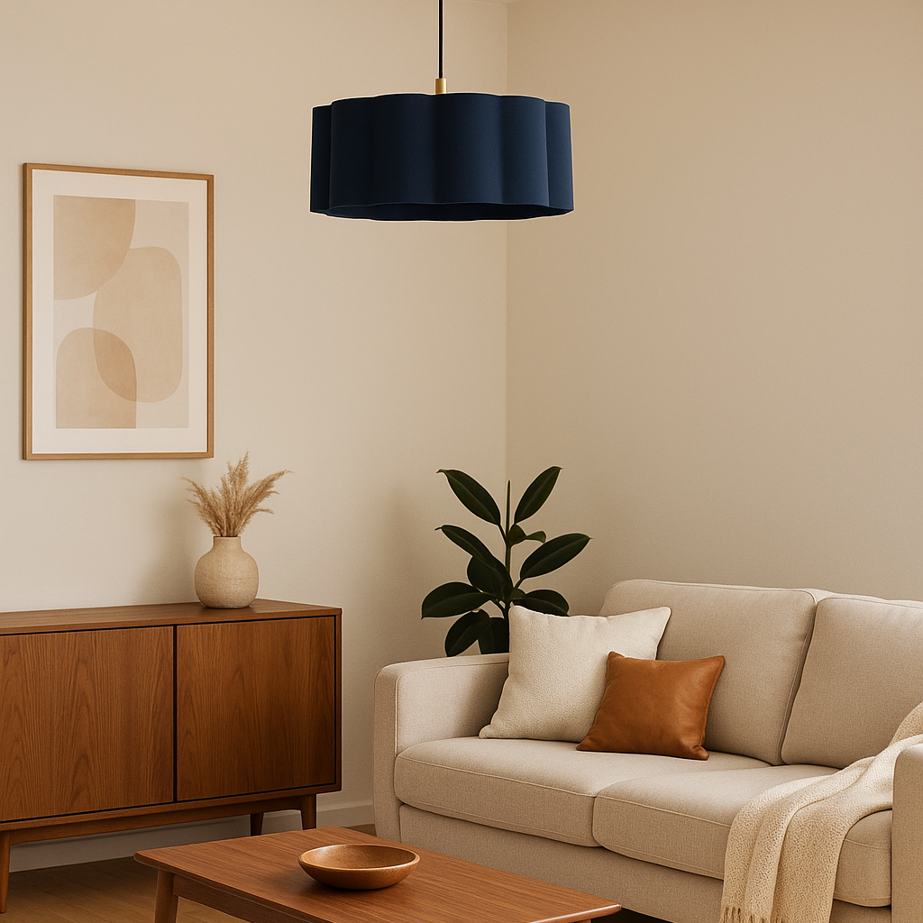 Modern living room with beige sofa, wooden cabinet, and pendant light.