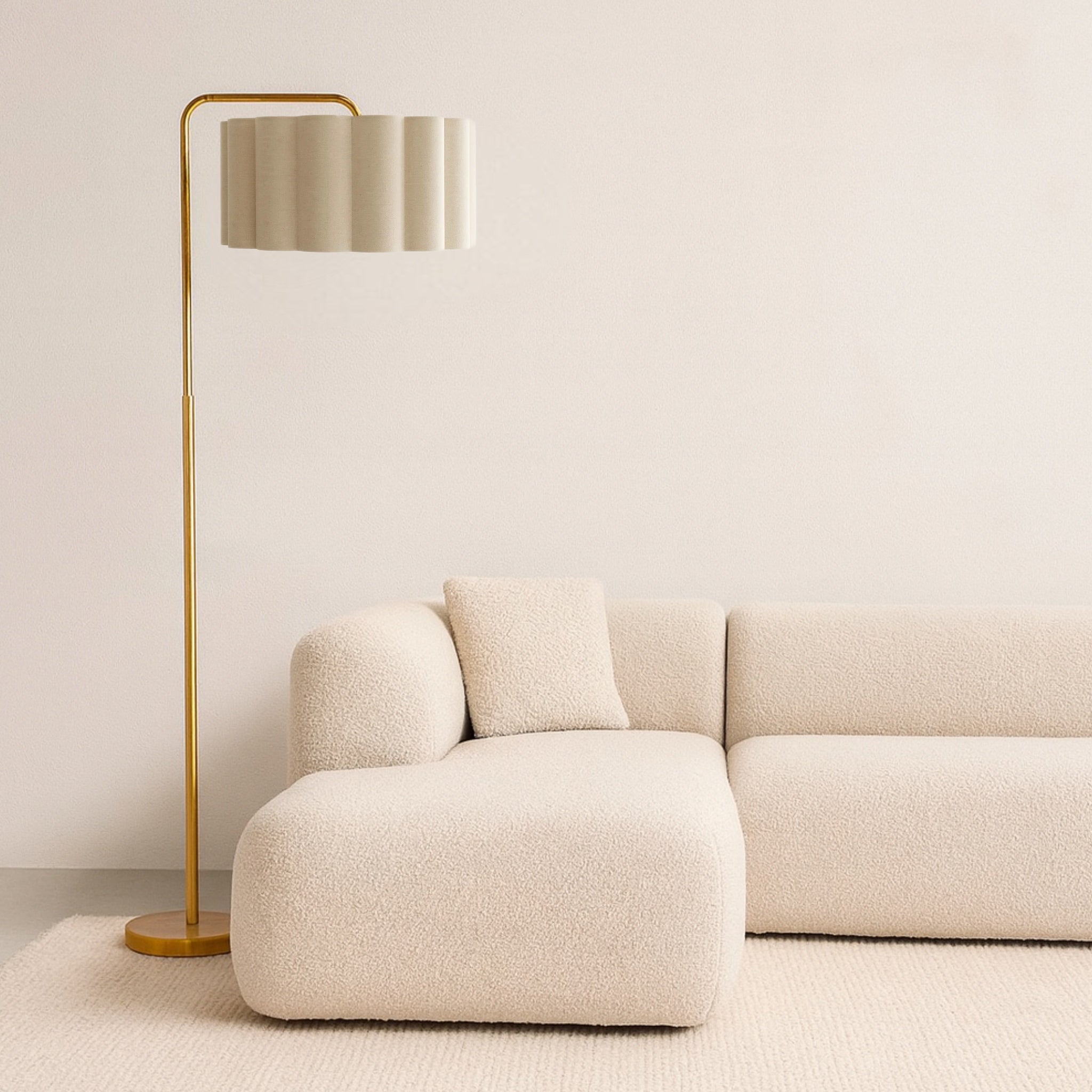 Beige sofa and floor lamp in a minimalistic room