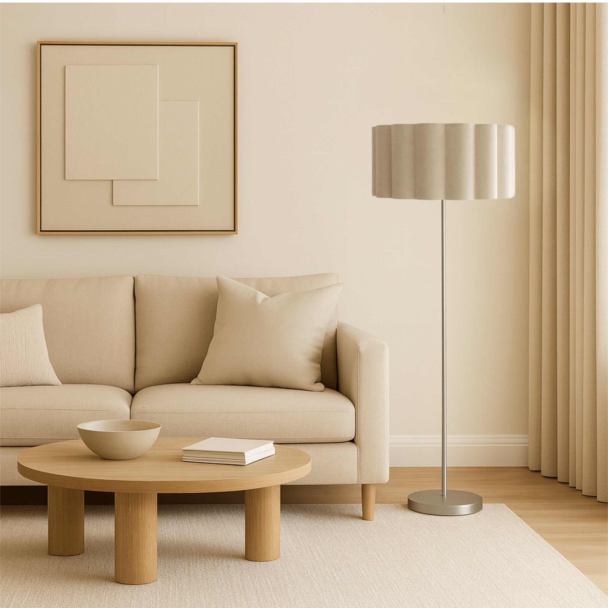 CGC Lena Brushed Nickel Straight Floor Lamp with Large Scalloped Lampshade