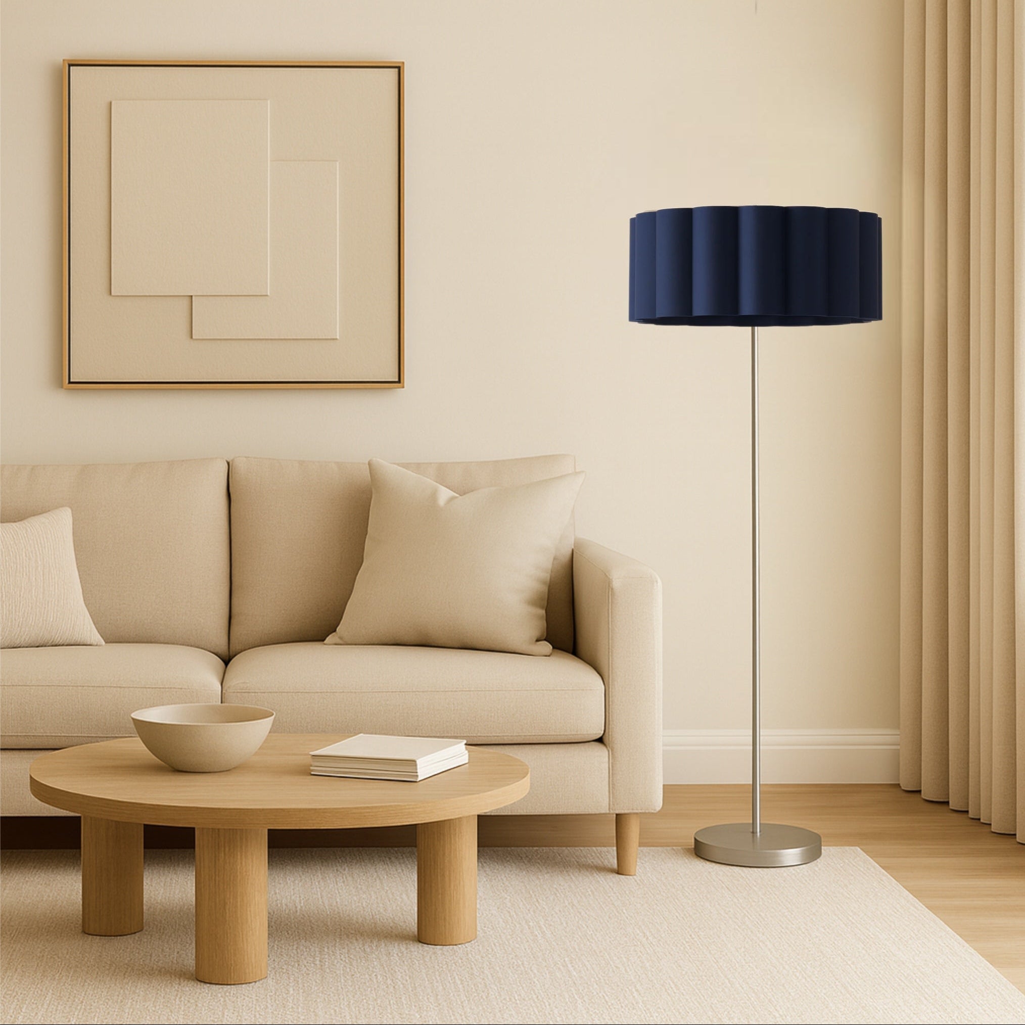 CGC Lena Brushed Nickel Straight Floor Lamp with Large Scalloped Lampshade