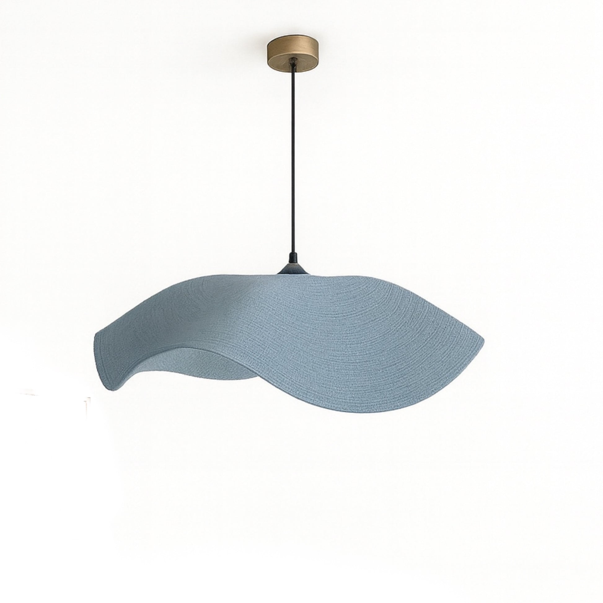 Blue pendant light with a gold fixture on a white background