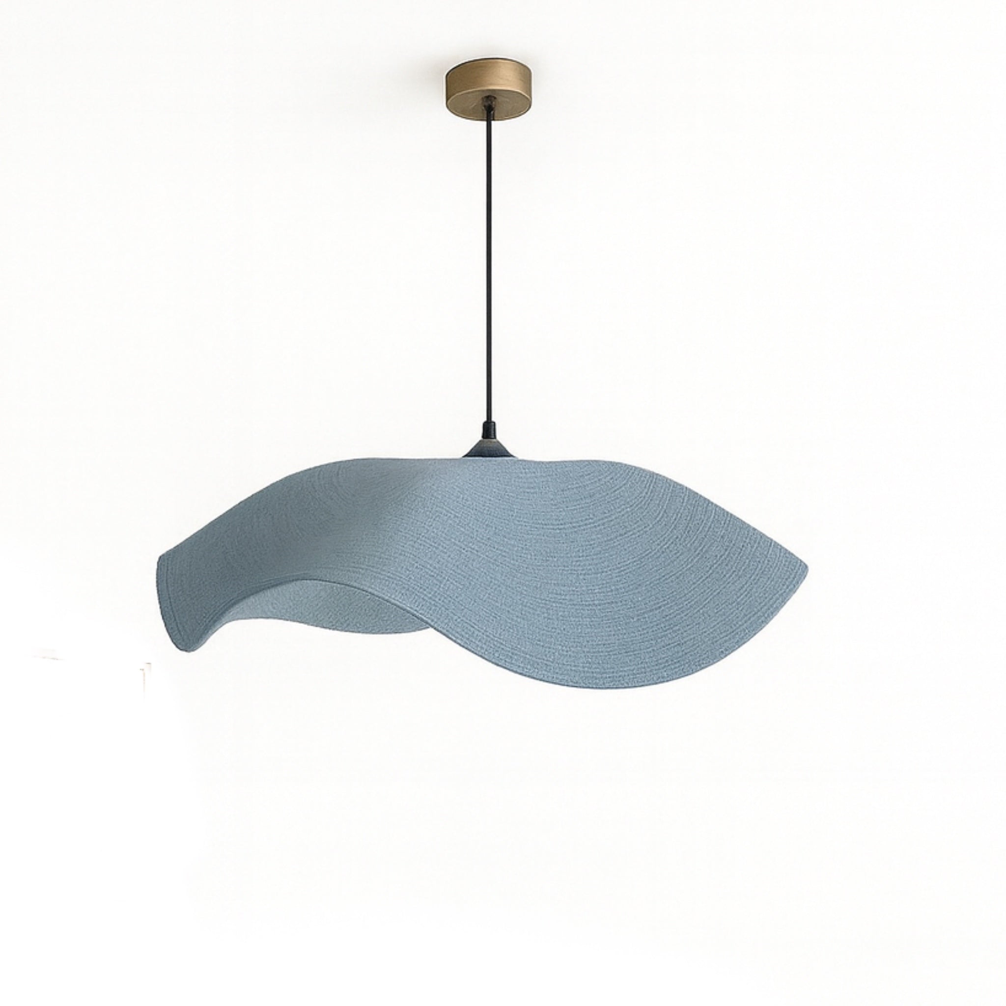 Blue pendant light with a gold fixture on a white background