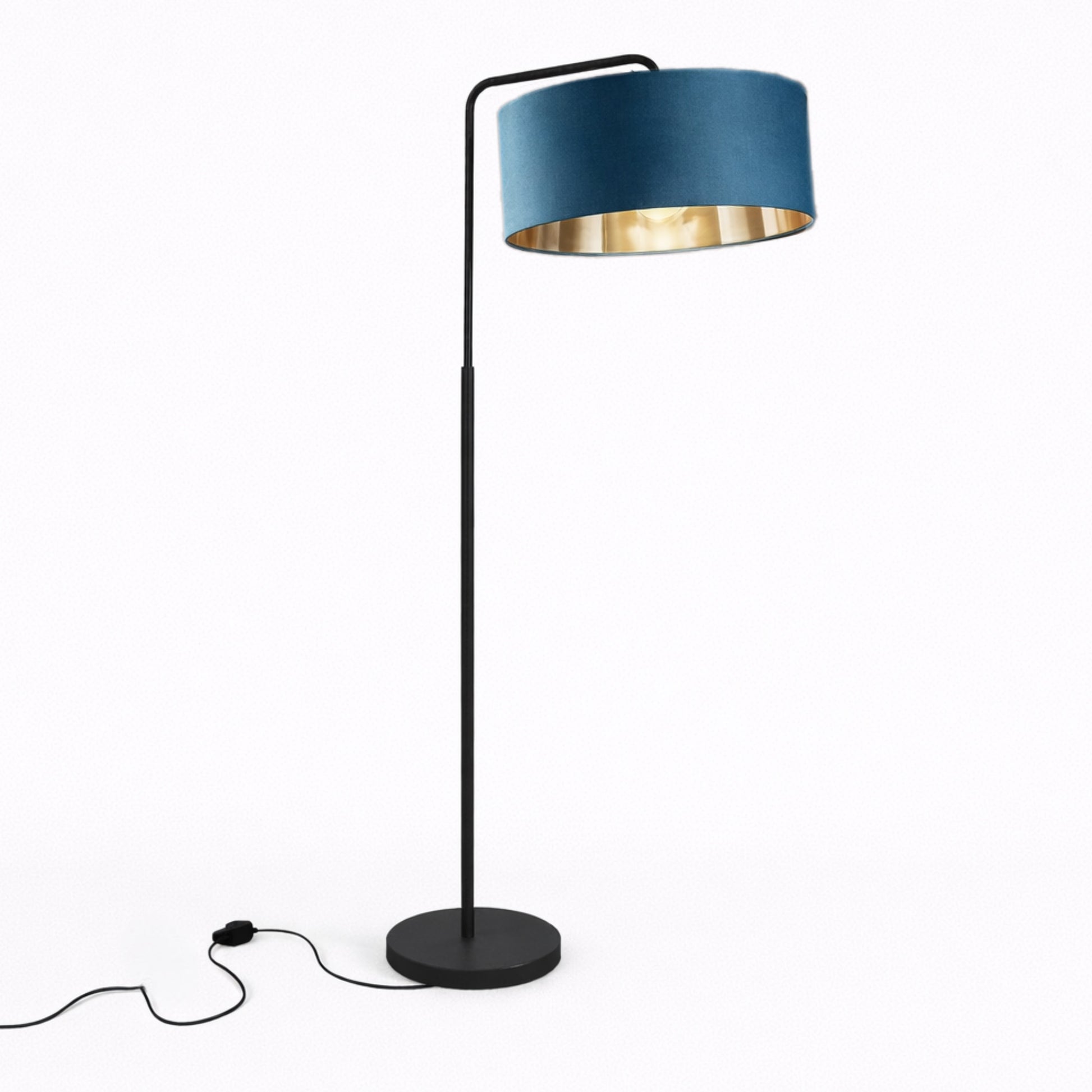 Floor lamp with a blue shade and black base on a white background
