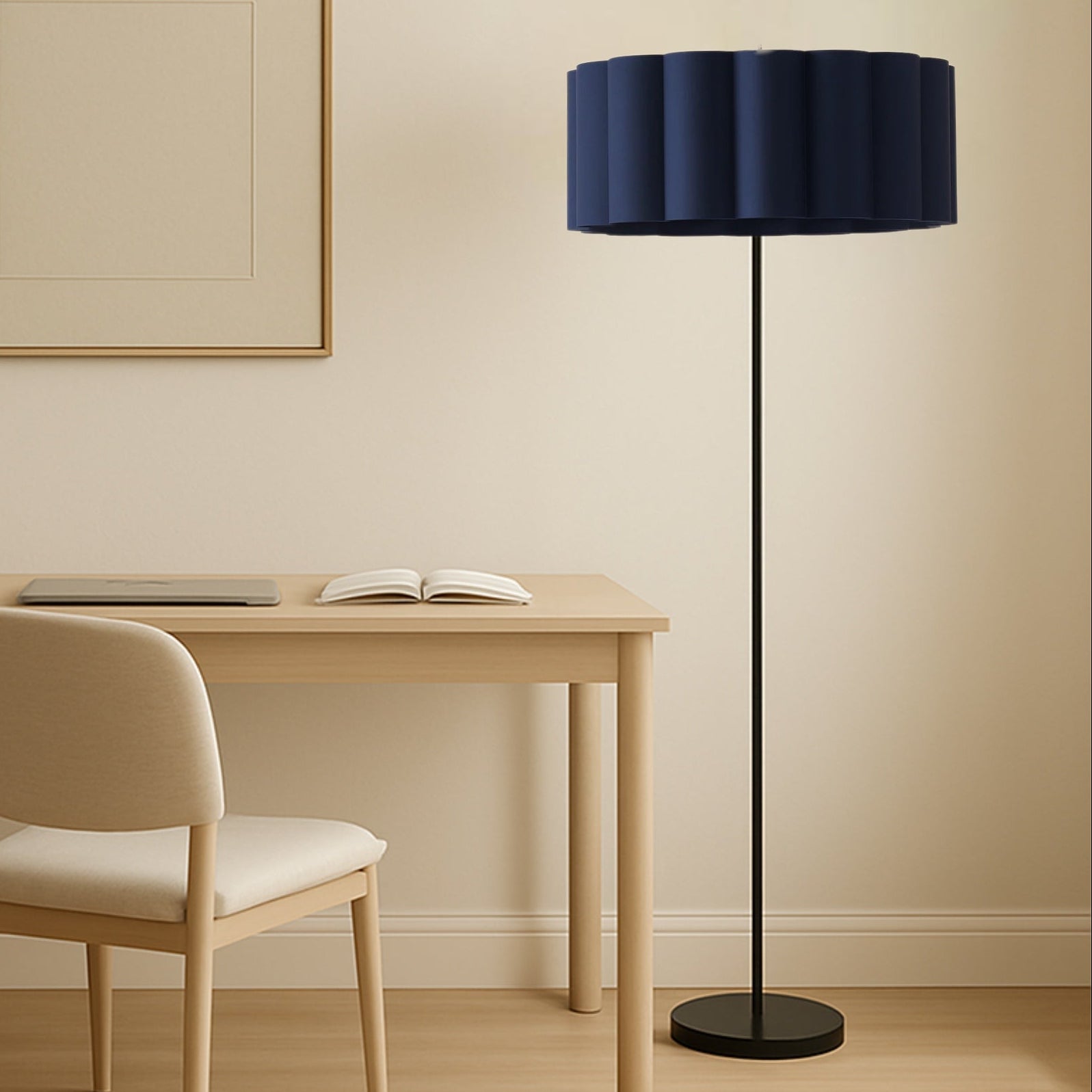 CGC Lena Matt Black Straight Floor Lamp with Large Scalloped Lampshade