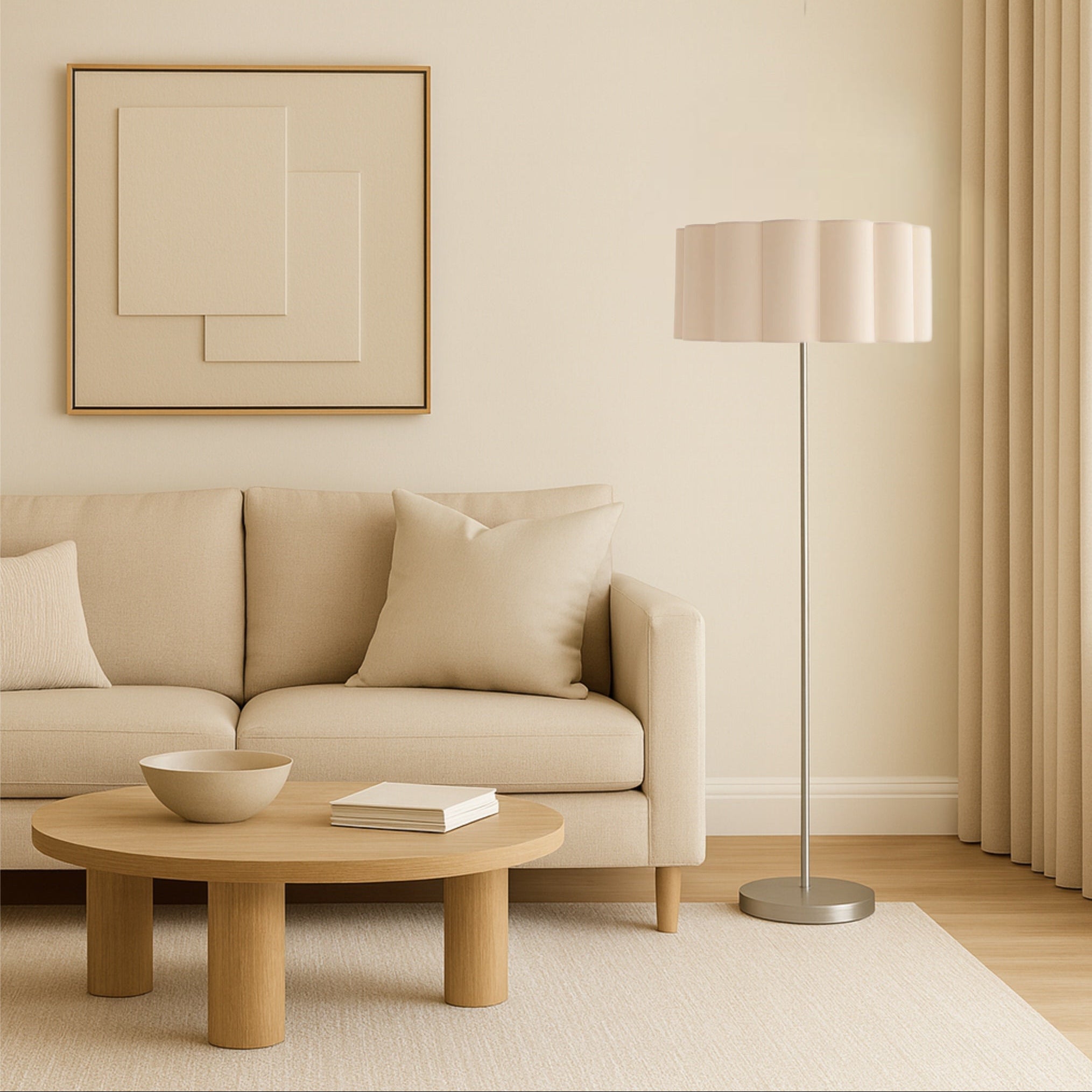 CGC Lena Brushed Nickel Straight Floor Lamp with Large Scalloped Lampshade