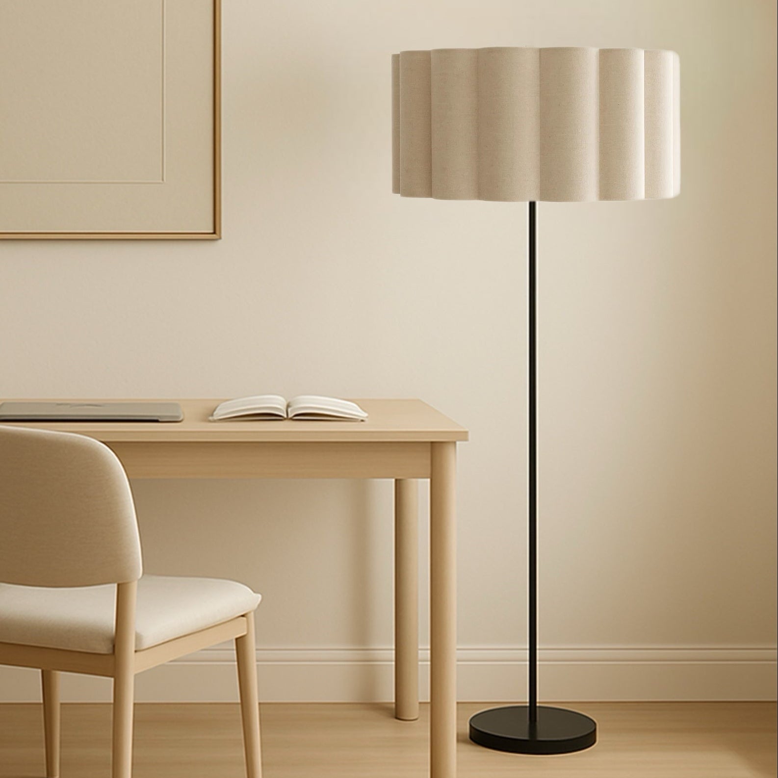 CGC Lena Matt Black Straight Floor Lamp with Large Scalloped Lampshade