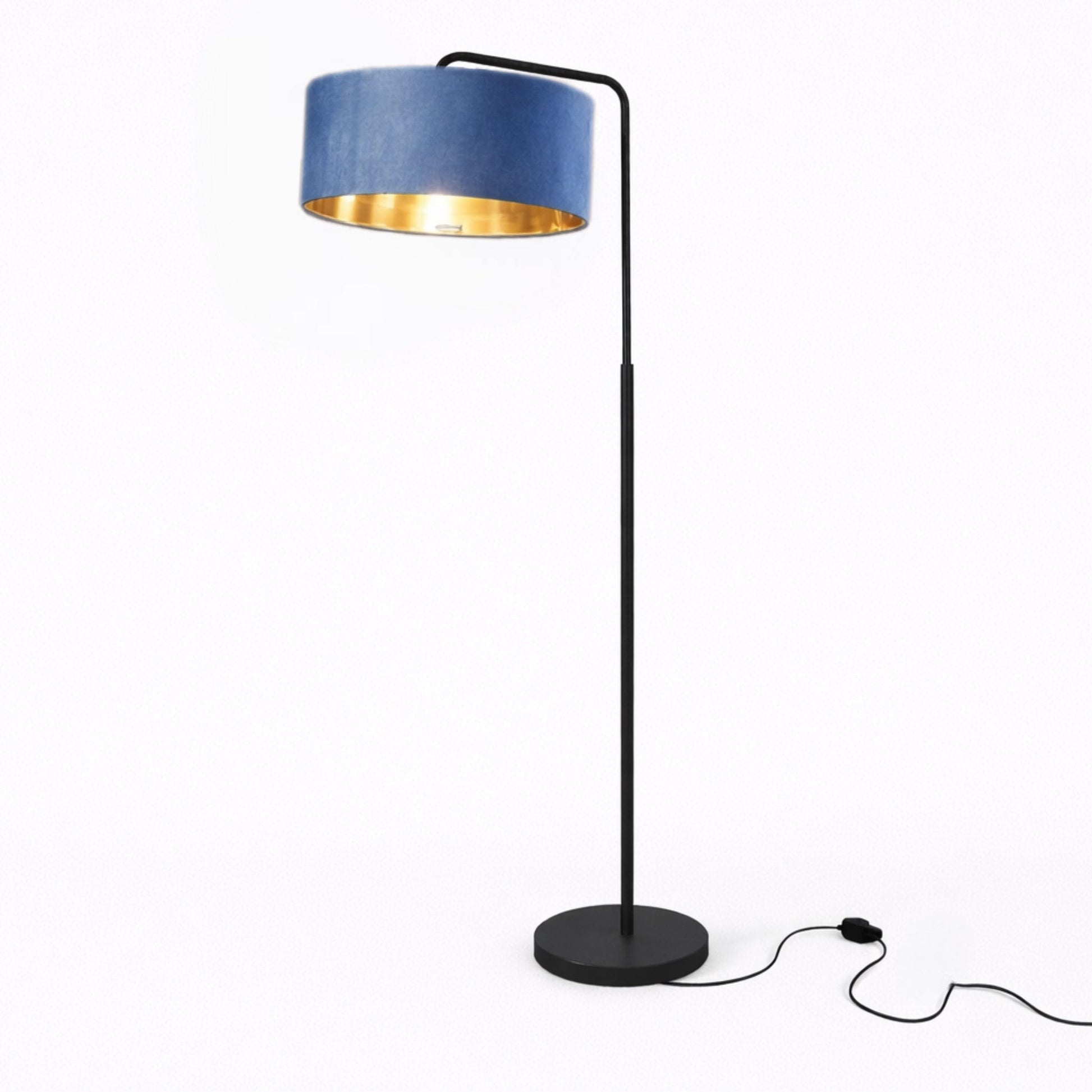 Floor lamp with a blue shade and black base on a white background