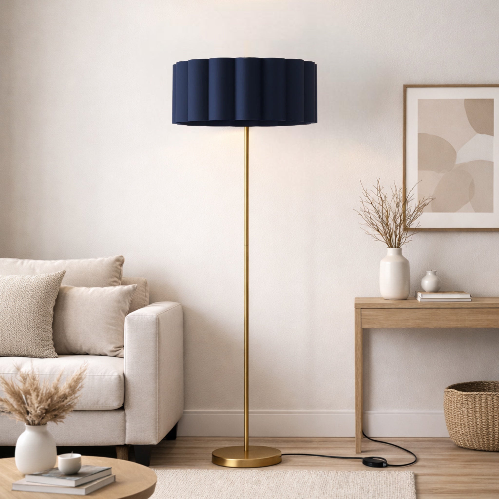 CGC Lena Brushed Gold Straight Floor Lamp with Large Scalloped Lampshade