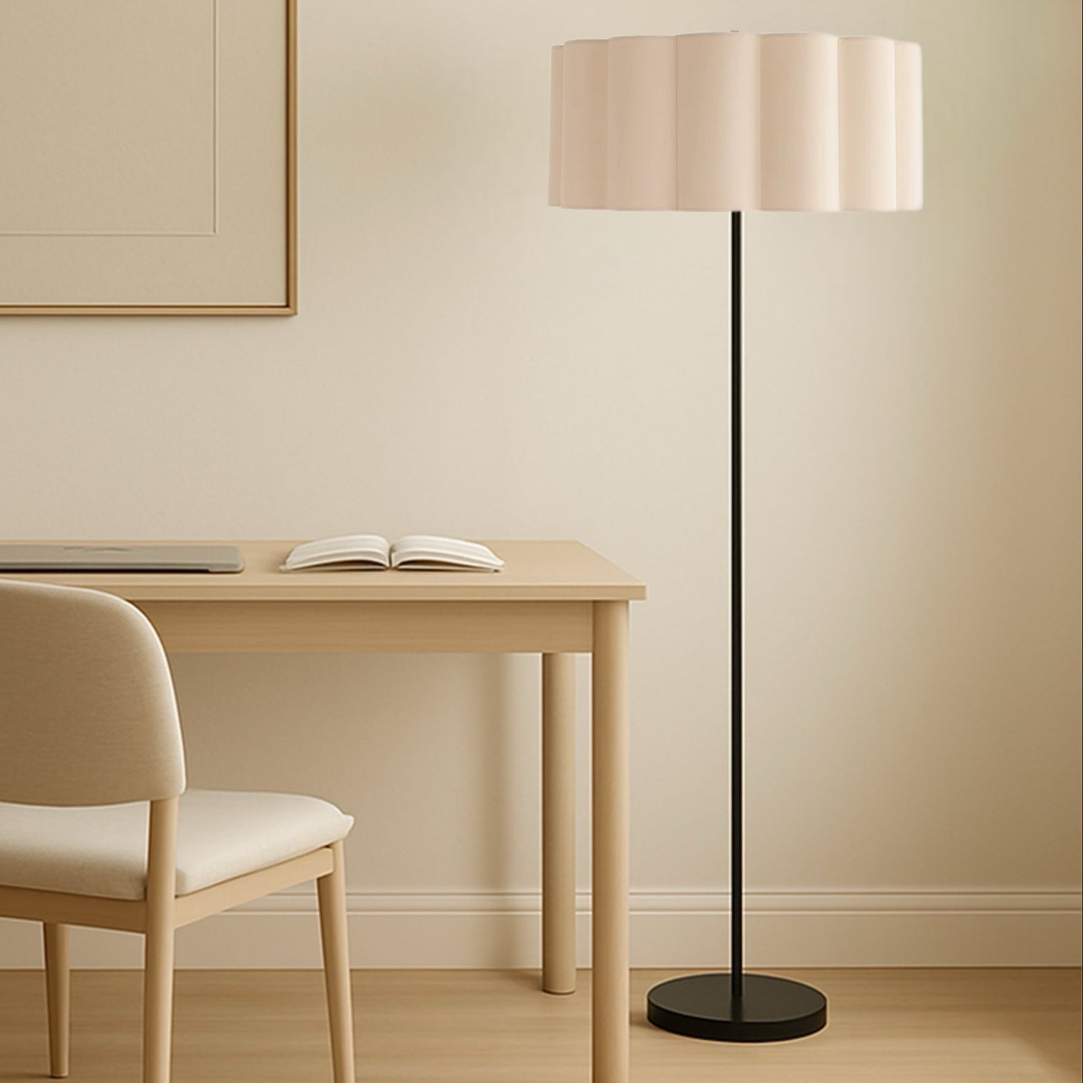 CGC Lena Matt Black Straight Floor Lamp with Large Scalloped Lampshade