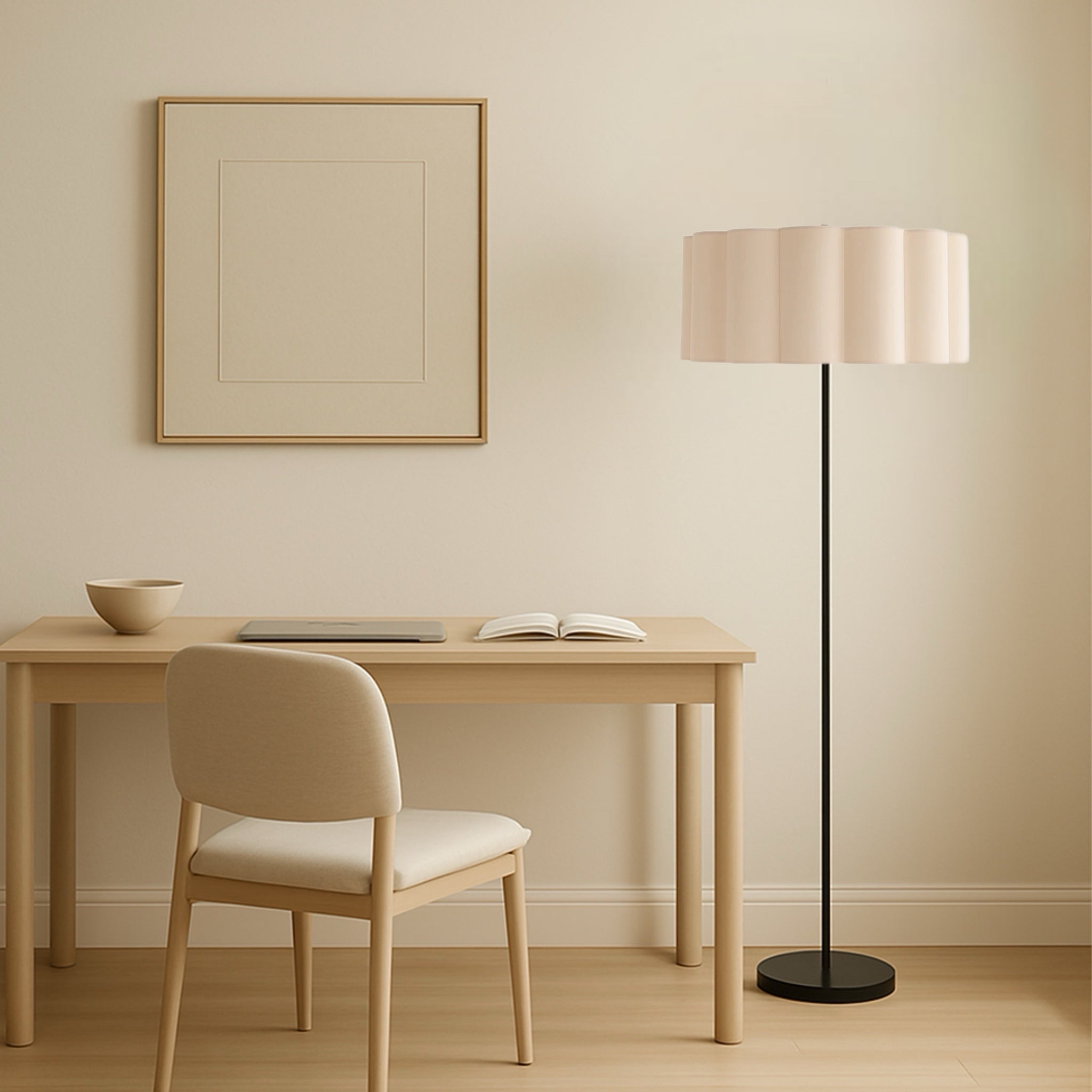 CGC Lena Matt Black Straight Floor Lamp with Large Scalloped Lampshade