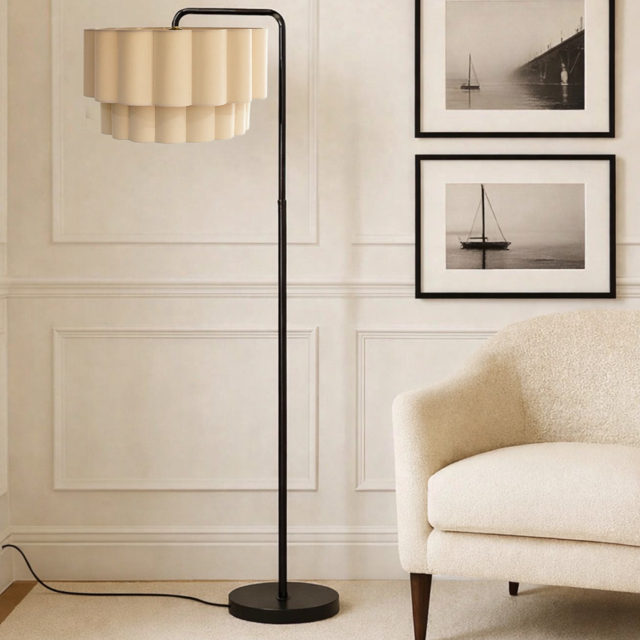 CGC Kyra Matt Black Angled Floor Lamp with Two Layer Large Scalloped Lampshade