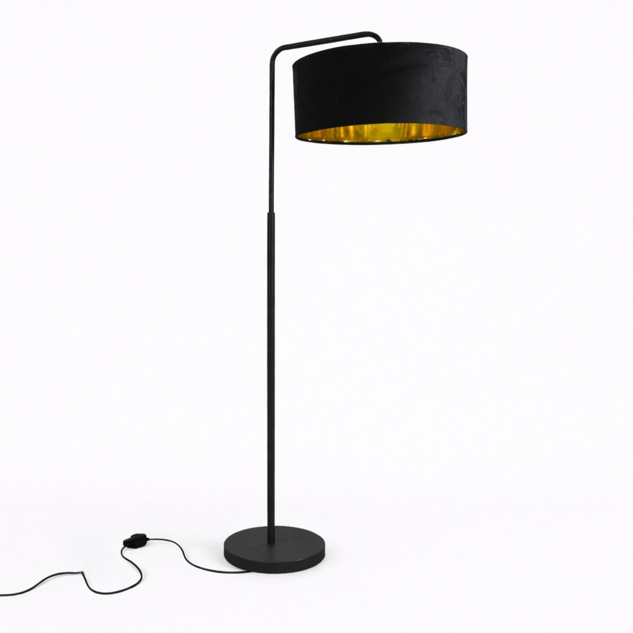 Black floor lamp with a gold interior on a white background