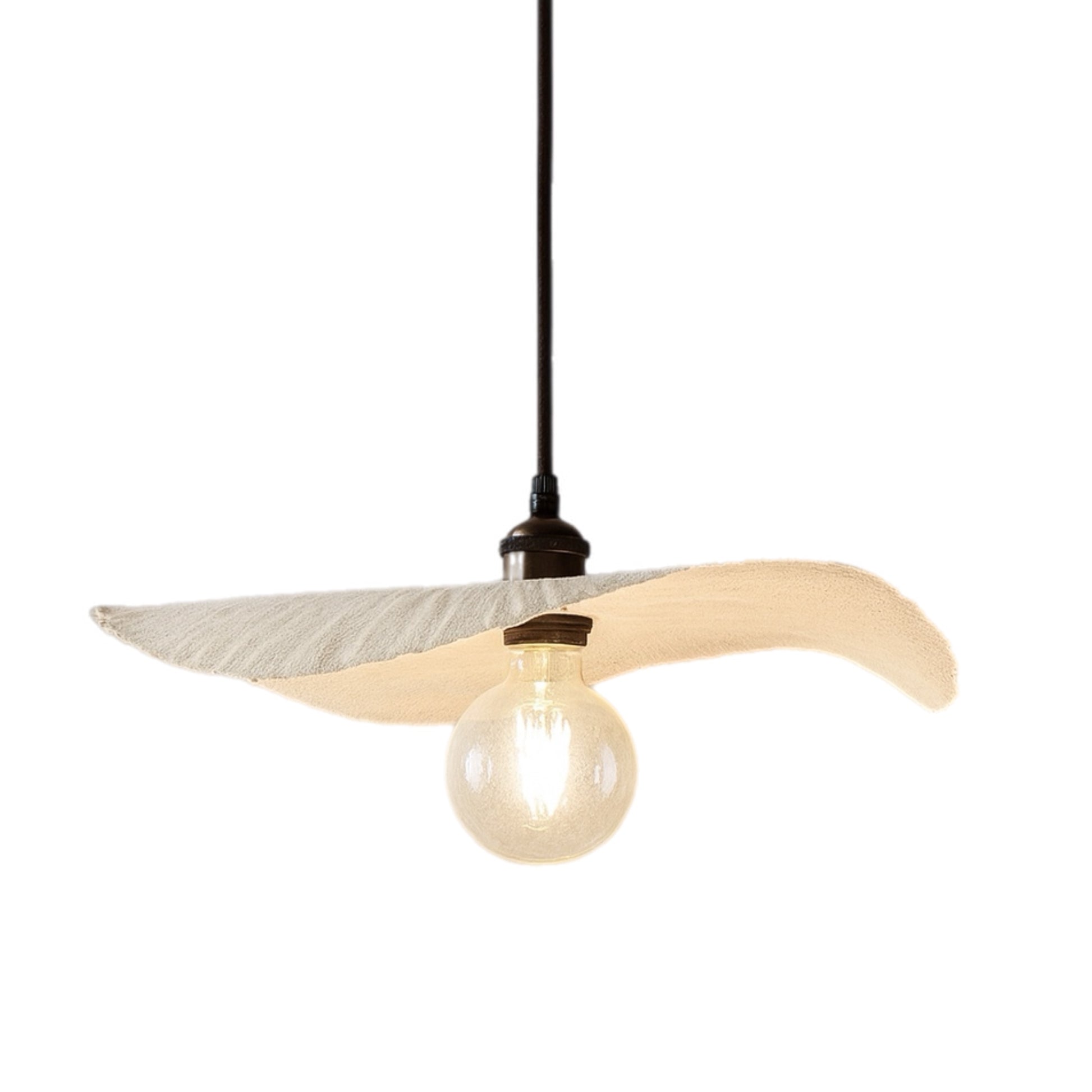 Modern pendant light with wooden shade and exposed bulb on a white background