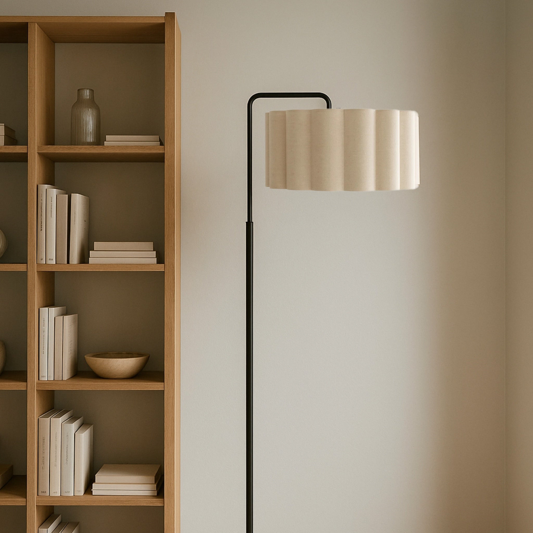 CGC Kyra Matt Black Angled Floor Lamp with Large Scalloped Lampshade