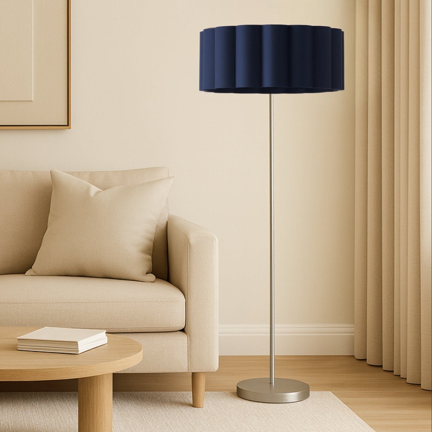 CGC Lena Brushed Nickel Straight Floor Lamp with Large Scalloped Lampshade