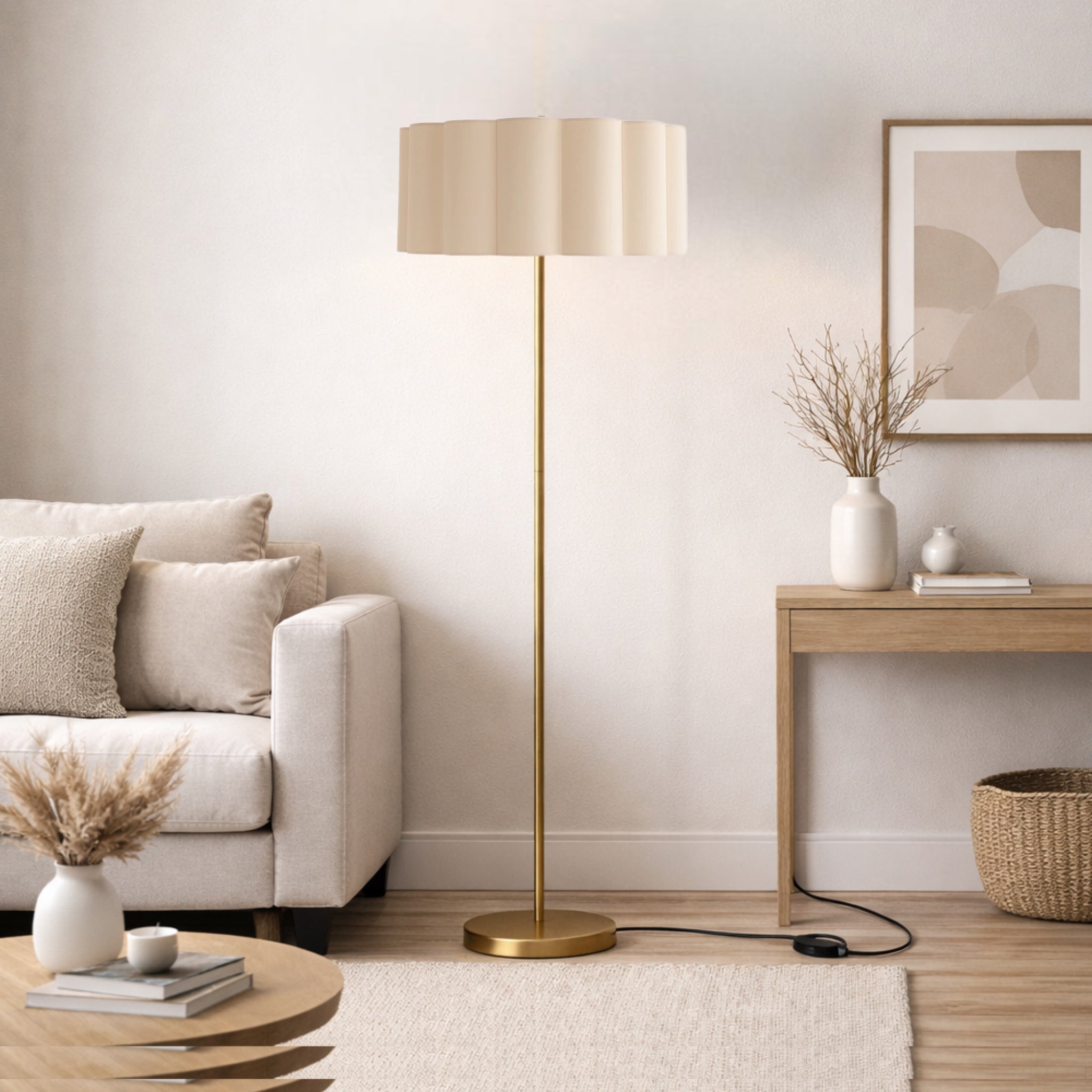 CGC Lena Brushed Gold Straight Floor Lamp with Large Scalloped Lampshade