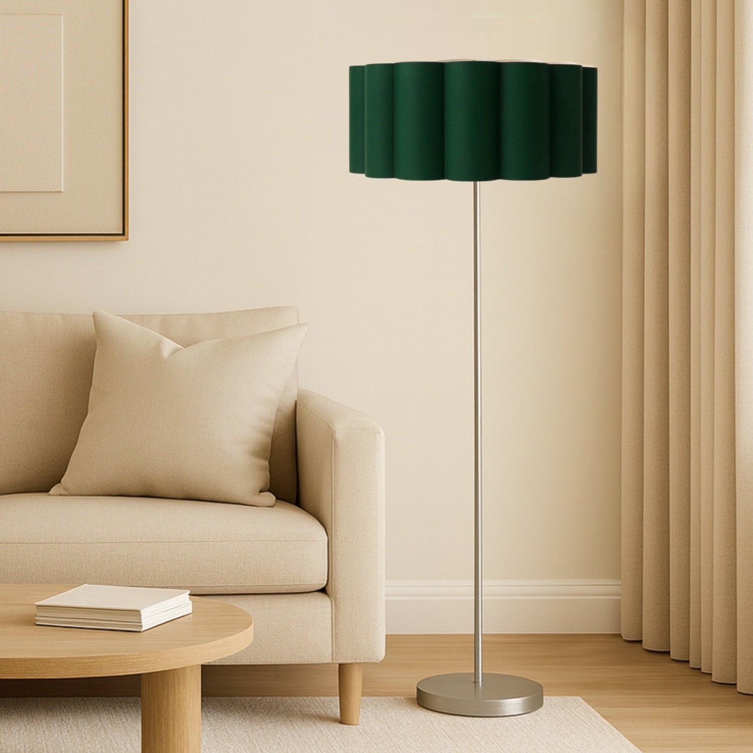 CGC Lena Brushed Nickel Straight Floor Lamp with Large Scalloped Lampshade