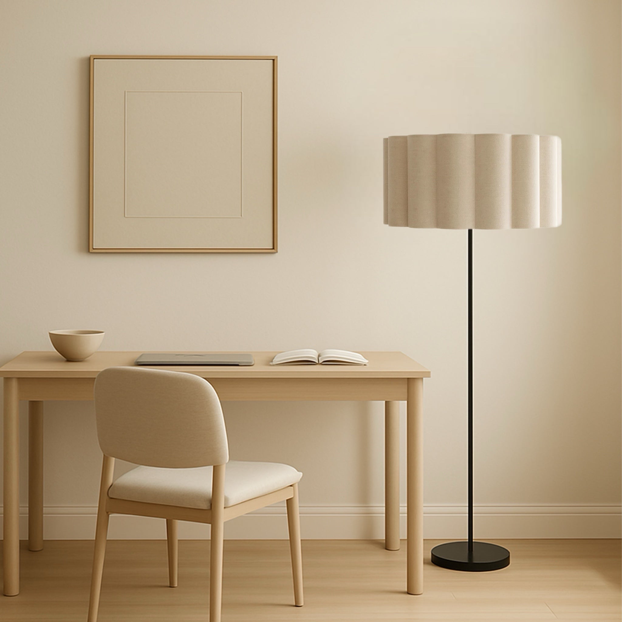 CGC Lena Matt Black Straight Floor Lamp with Large Scalloped Lampshade