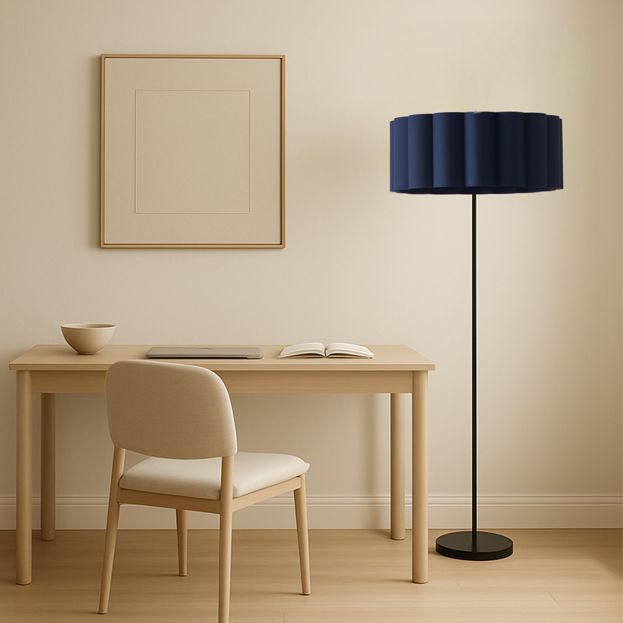 CGC Lena Matt Black Straight Floor Lamp with Large Scalloped Lampshade