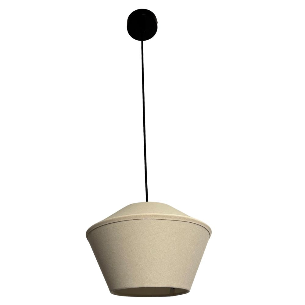 Beige pendant lamp with black cord on a white background