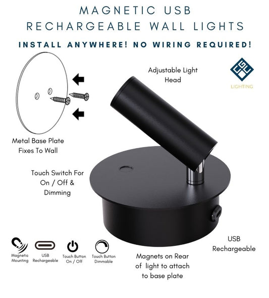 CGC SCARLET Black Adjustable Head LED Rechargeable Magnetic USB Reading Bedside Wall Light