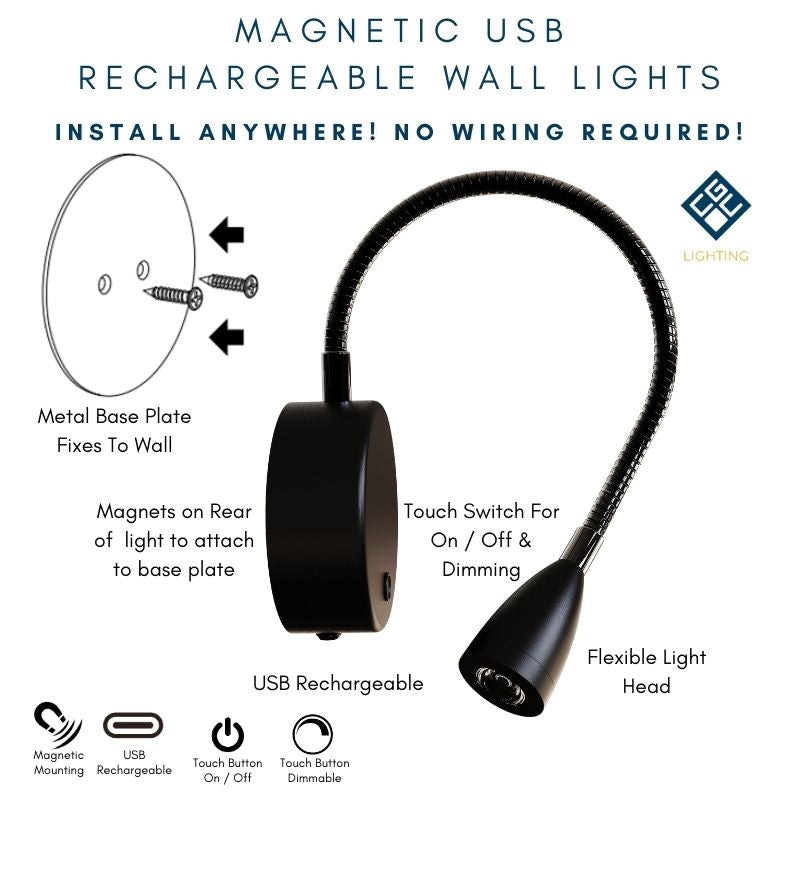 CGC MATILDA Black Adjustable Flexible Neck LED Rechargeable Magnetic USB Reading Bedside Wall Light