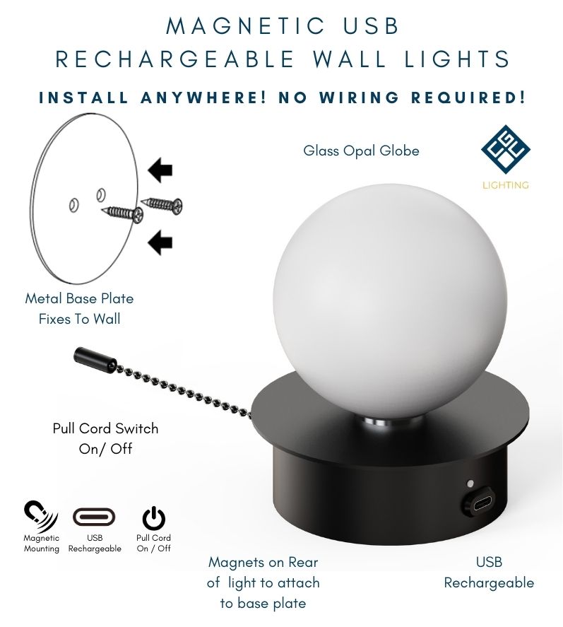 CGC MACIE Black & White Opal Globe LED Rechargeable Magnetic USB Reading Bedside Wall Light Pull Cord Switch