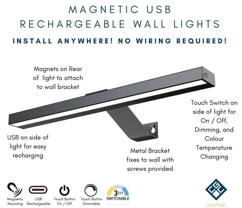 CGC LIBRA Black LED Rechargeable Magnetic USB Over Picture Wall Light
