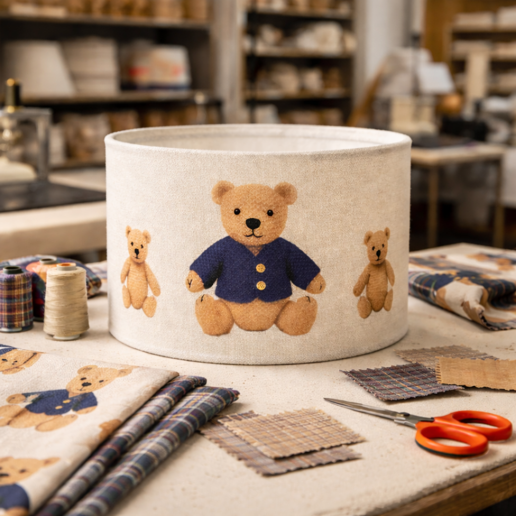 Fabric basket with teddy bear design on a craft table with materials and tools.