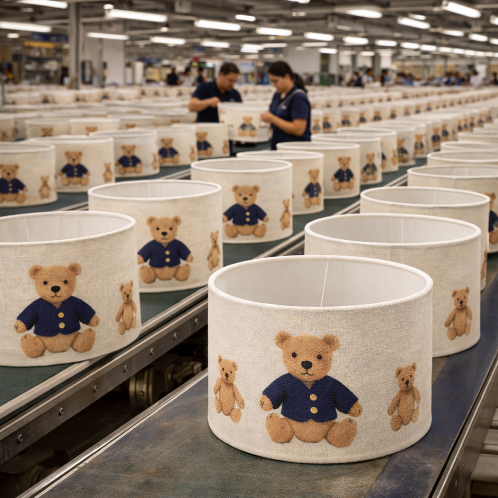 Production line with teddy bear-patterned containers in a factory setting.