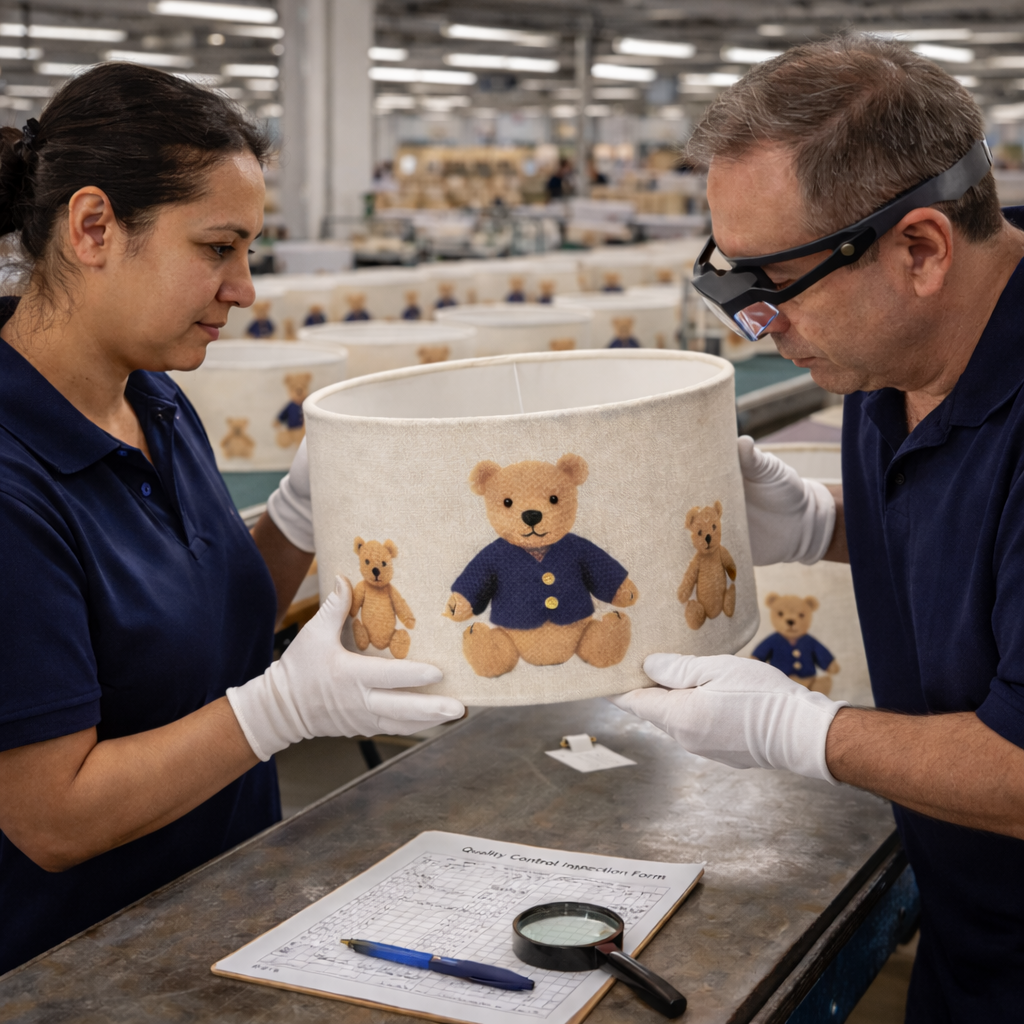 Two workers inspecting a large lampshade with teddy bear designs in a factory setting.
