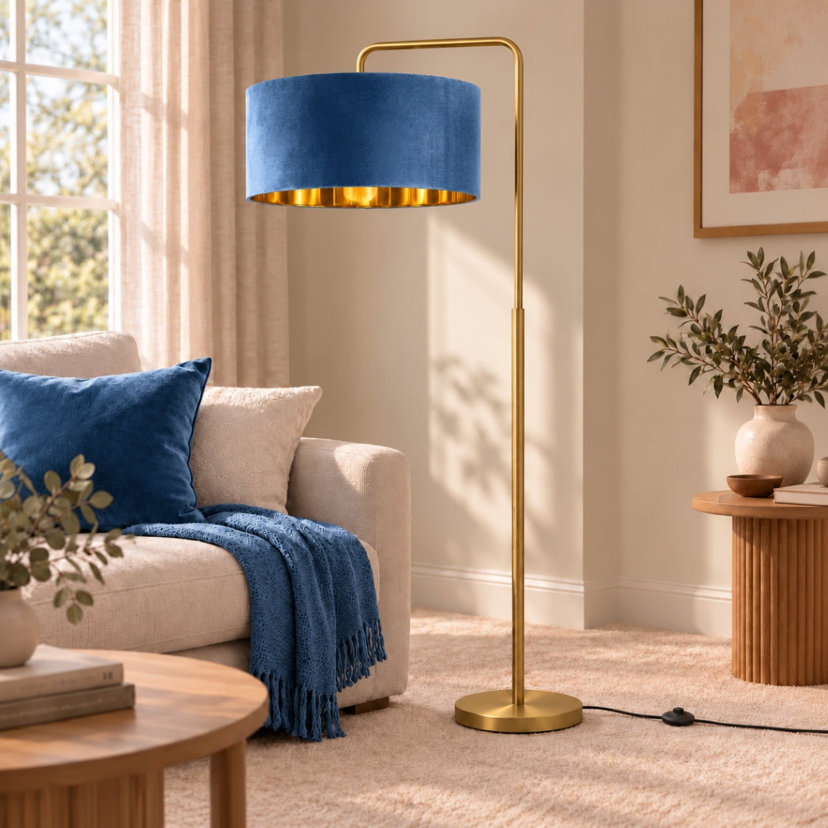 CGC Kyra Brushed Gold Angled Floor Lamp with Large 45cm Velvet Lampshade