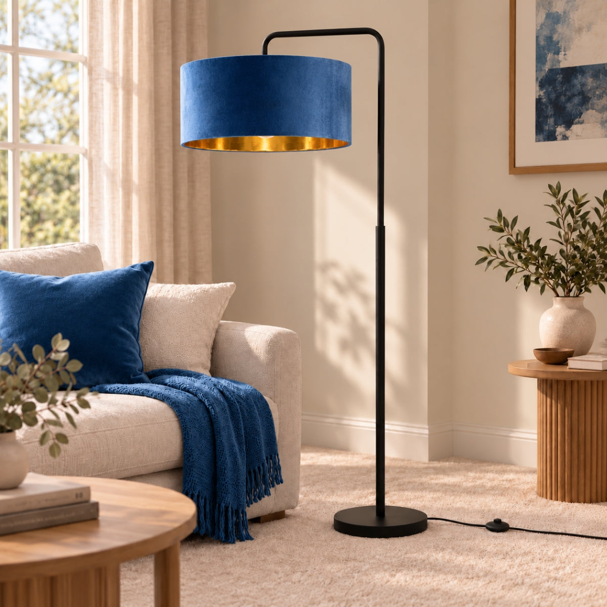 CGC Kyra Black Angled Floor Lamp with Large 45cm Velvet Lampshade