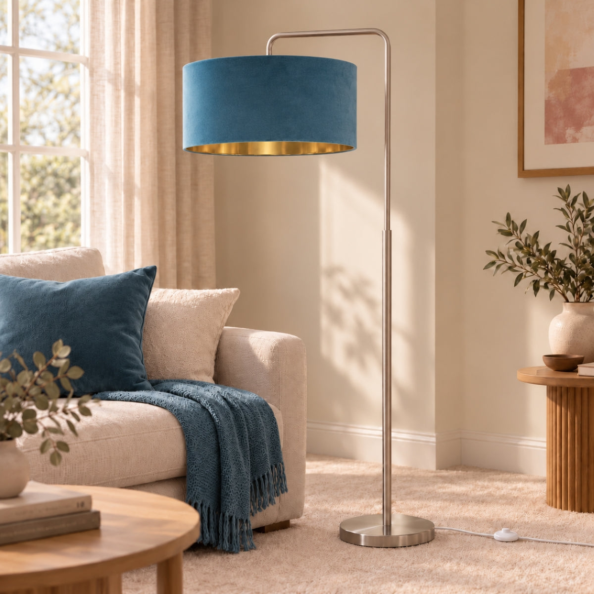 CGC Kyra Brushed Nickel Angled Floor Lamp with Large 45cm Velvet Lampshade