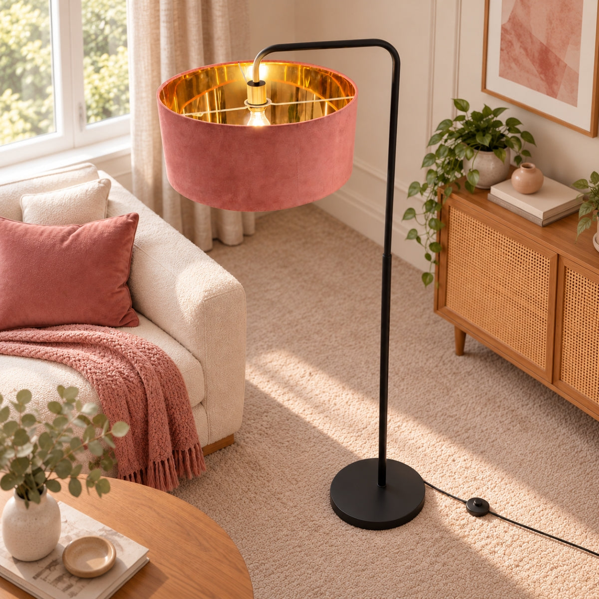CGC Kyra Black Angled Floor Lamp with Large 45cm Velvet Lampshade