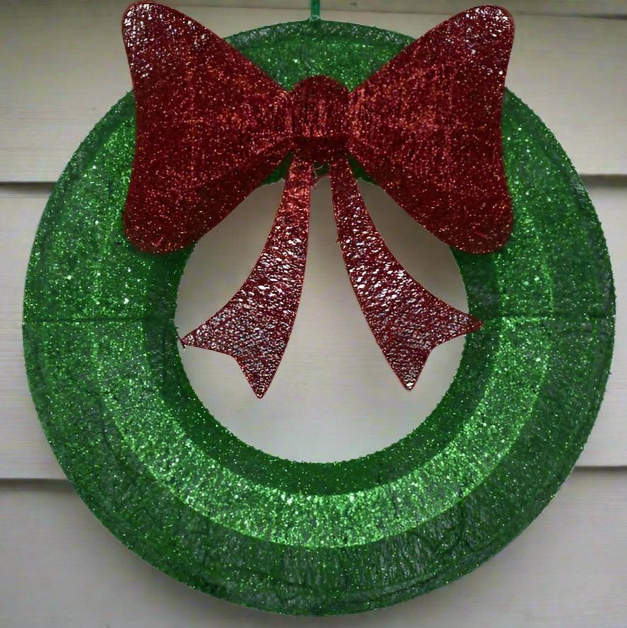 Extra Large 90cm Luxury LED Glitter Green With Red Bow LED Christmas Wreath