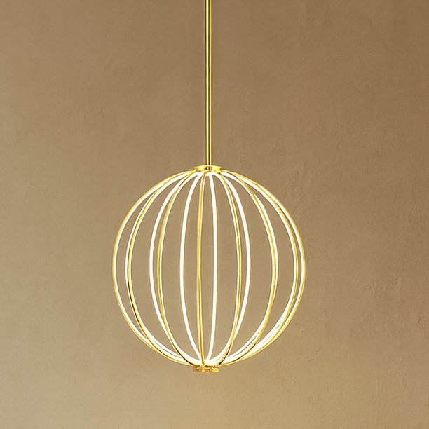 Modern living room with a spherical pendant light, sofa, coffee table, and chair.