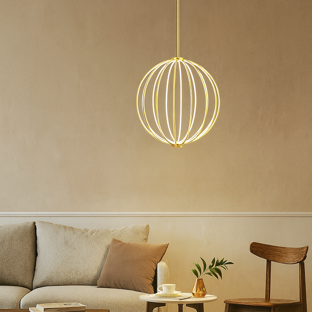 Modern living room with a spherical pendant light, sofa, coffee table, and chair.