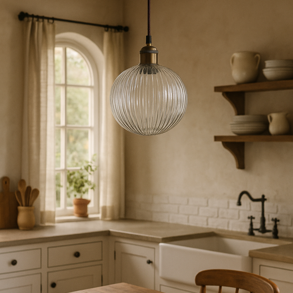 Kitchen with a pendant light, window, and shelves with kitchenware.