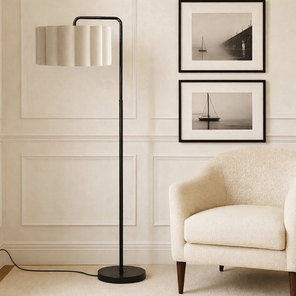 CGC Kyra Matt Black Angled Floor Lamp with Large Scalloped Lampshade