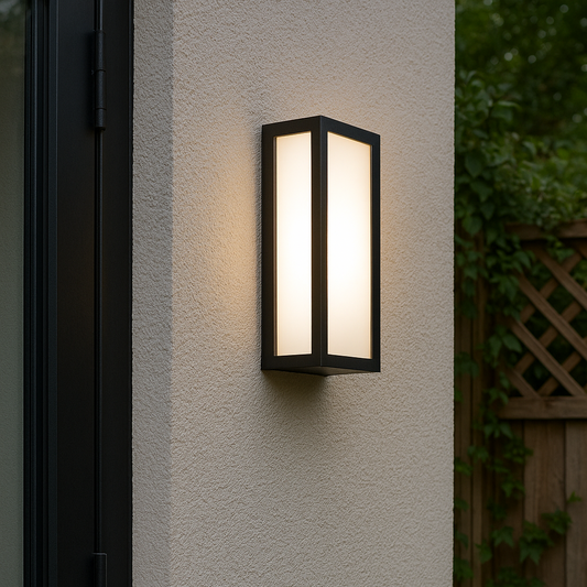 Outdoor wall light fixture on a textured wall with plants in the background