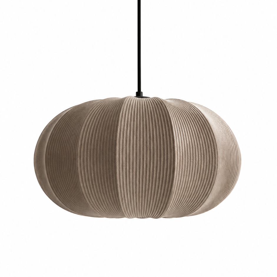Round pendant light with ribbed design on a white background